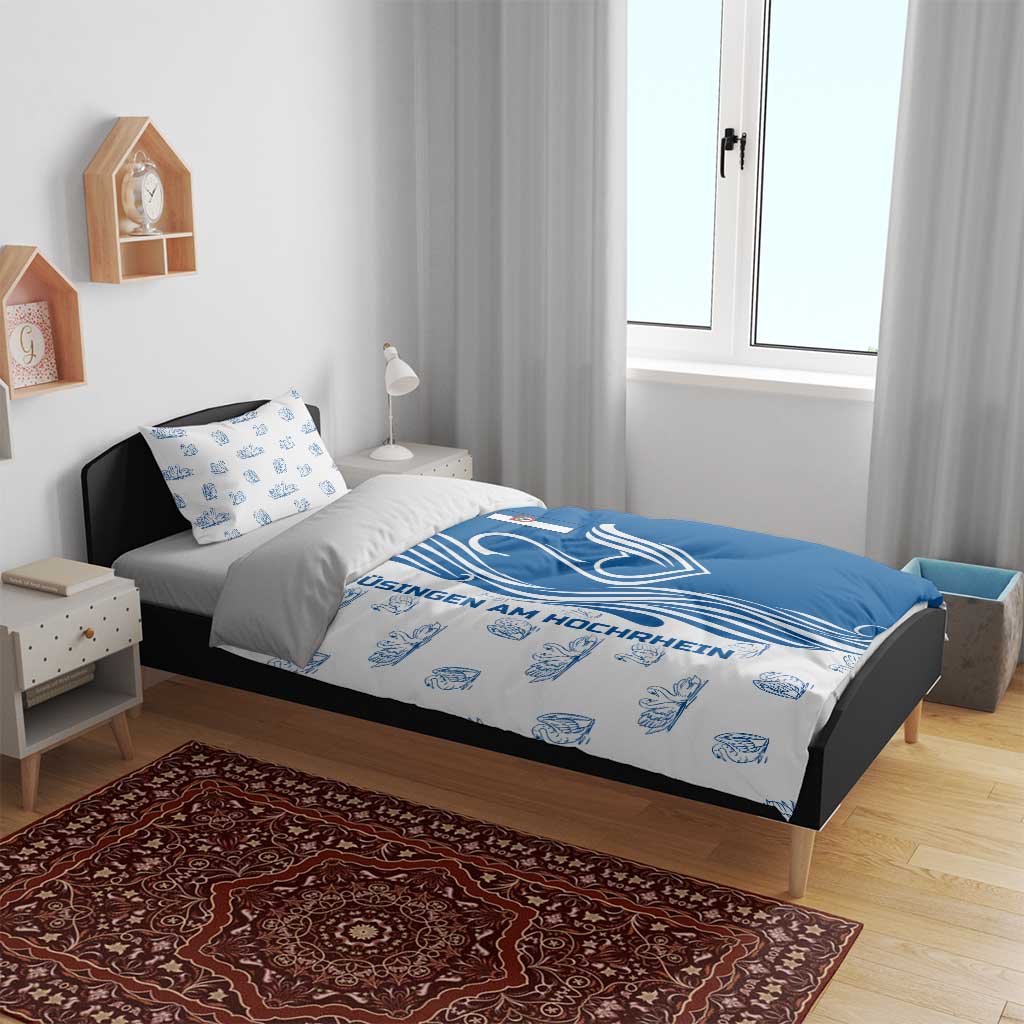 Busingen am Hochrhein Germany Bedding Set with Swan Pattern and Blue White Heart Design - Wonder Print Shop