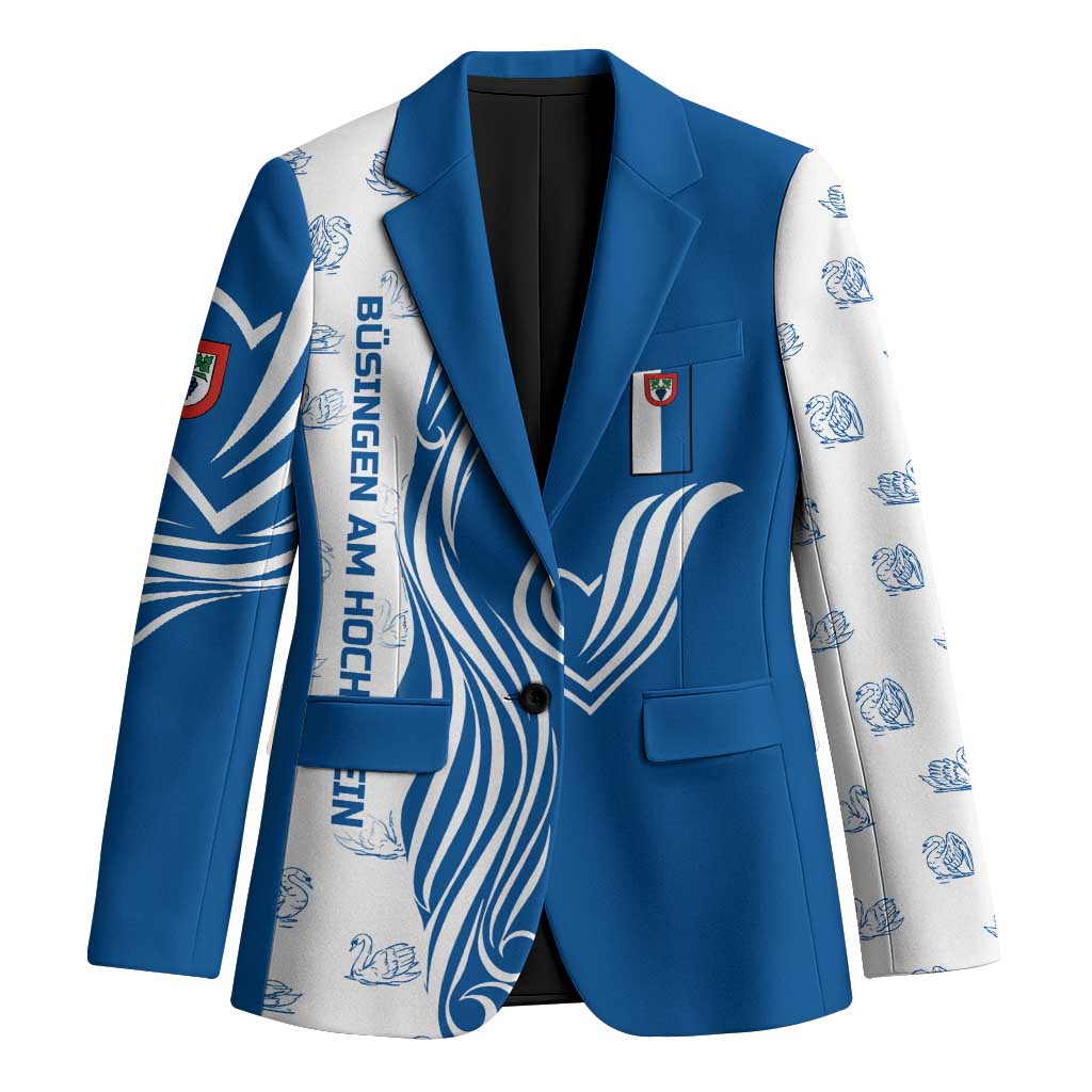 Busingen am Hochrhein Germany Blazer with Swan Pattern and Blue White Heart Design - Wonder Print Shop