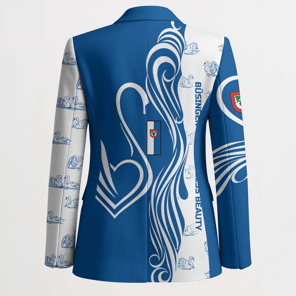 Busingen am Hochrhein Germany Blazer with Swan Pattern and Blue White Heart Design - Wonder Print Shop