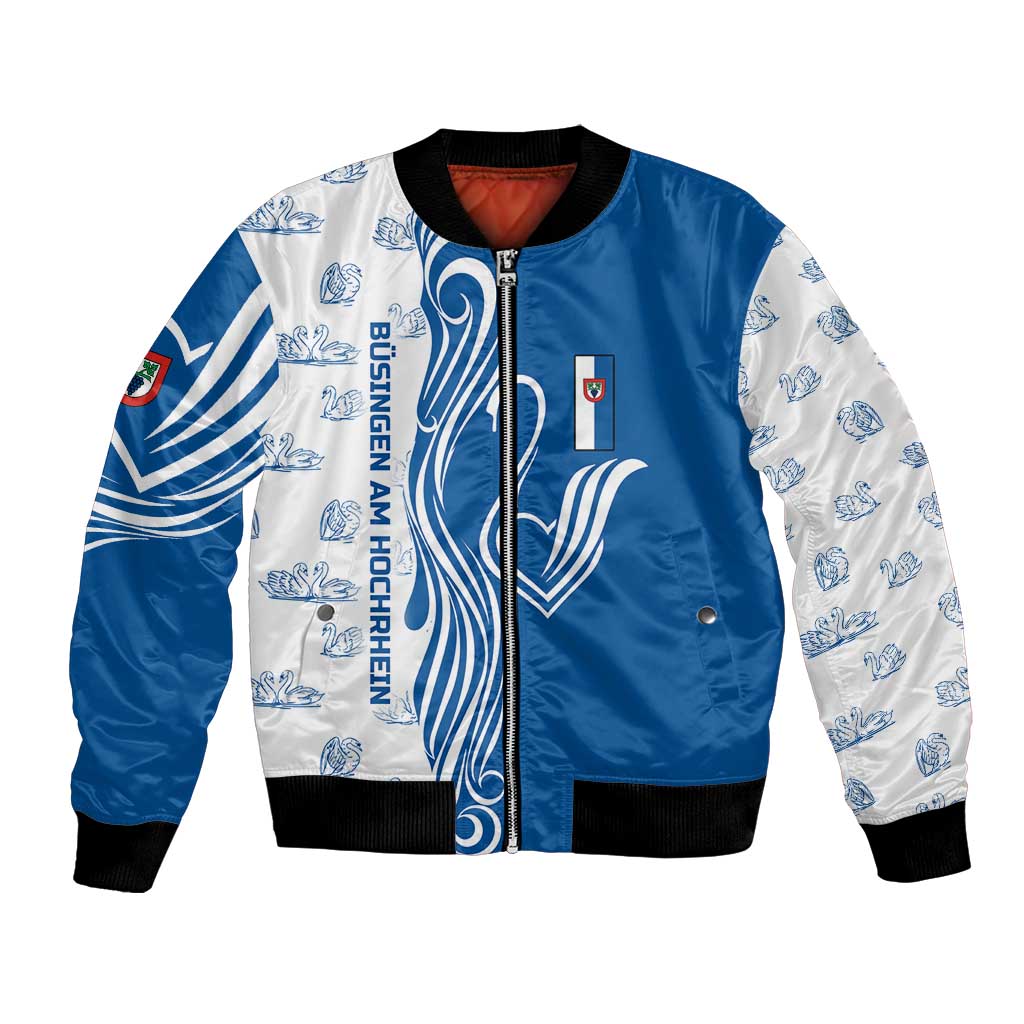 Busingen am Hochrhein Germany Bomber Jacket with Swan Pattern and Blue White Heart Design - Wonder Print Shop
