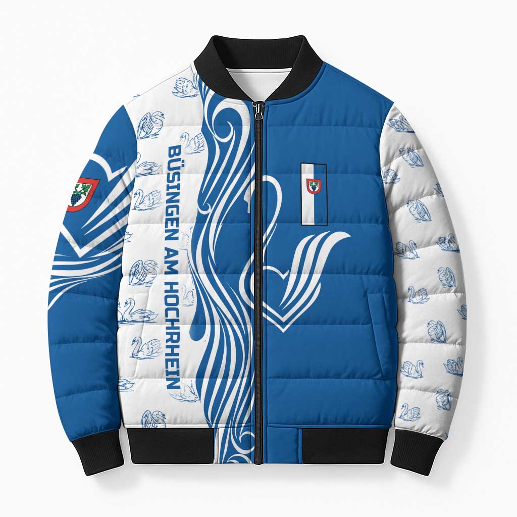 Busingen am Hochrhein Germany Bomber Puffer Jacket with Swan Pattern and Blue White Heart Design - Wonder Print Shop