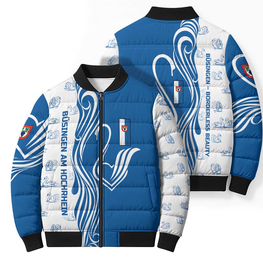 Busingen am Hochrhein Germany Bomber Puffer Jacket with Swan Pattern and Blue White Heart Design - Wonder Print Shop