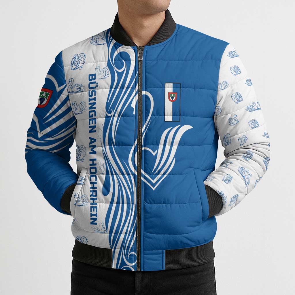 Busingen am Hochrhein Germany Bomber Puffer Jacket with Swan Pattern and Blue White Heart Design - Wonder Print Shop
