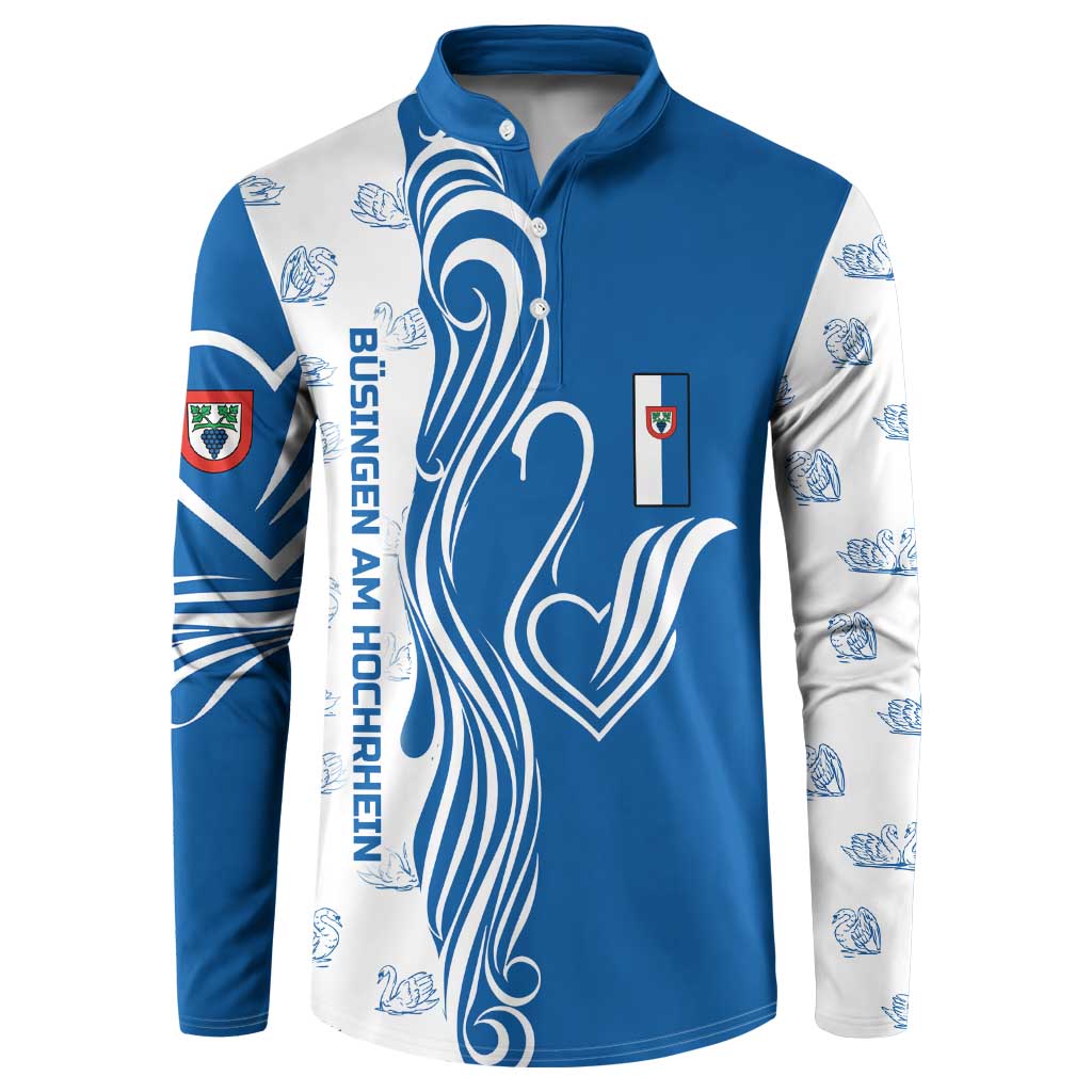 Busingen am Hochrhein Germany Button Sweatshirt with Swan Pattern and Blue White Heart Design - Wonder Print Shop