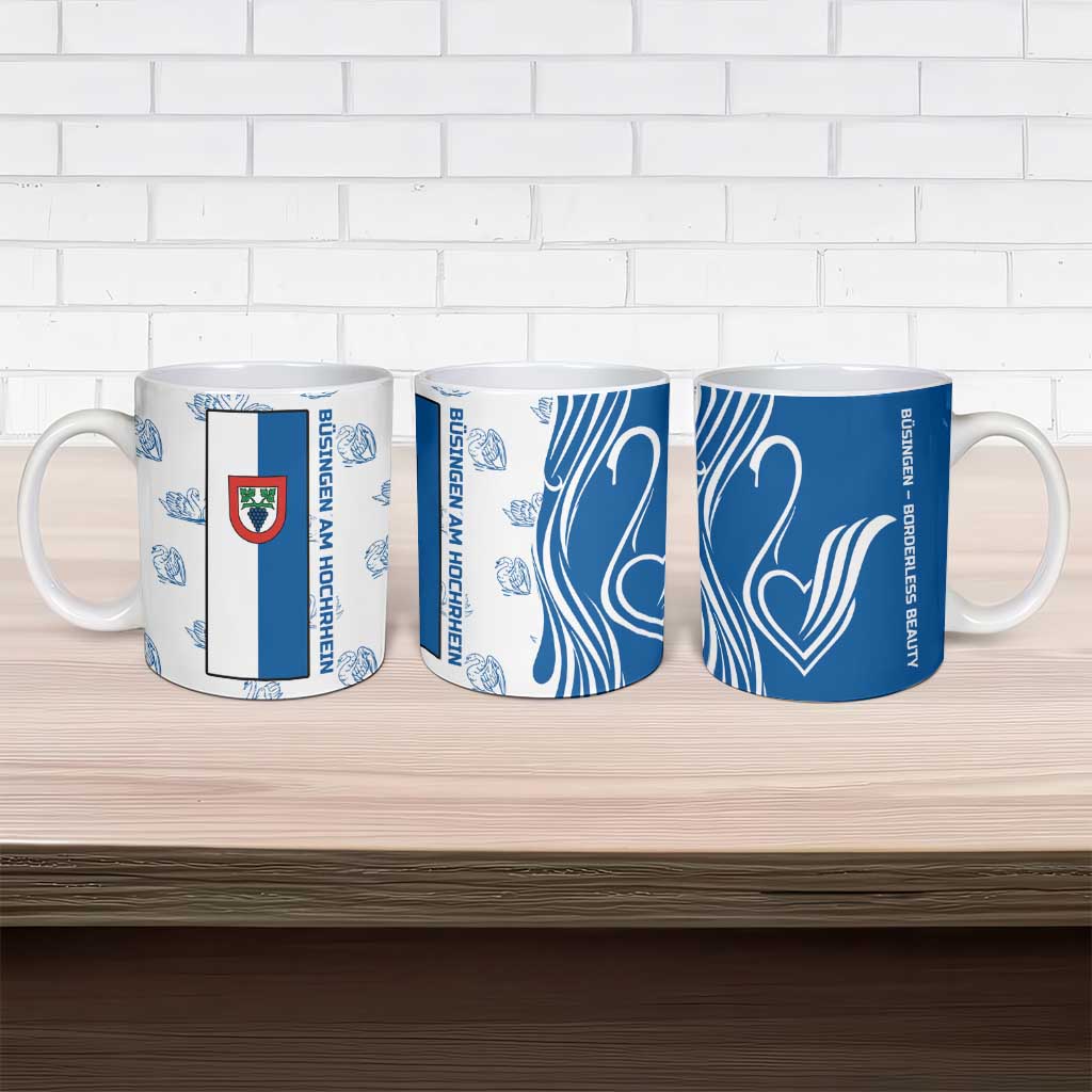 Busingen am Hochrhein Germany Ceramic Mug with Swan Pattern and Blue White Heart Design - Wonder Print Shop