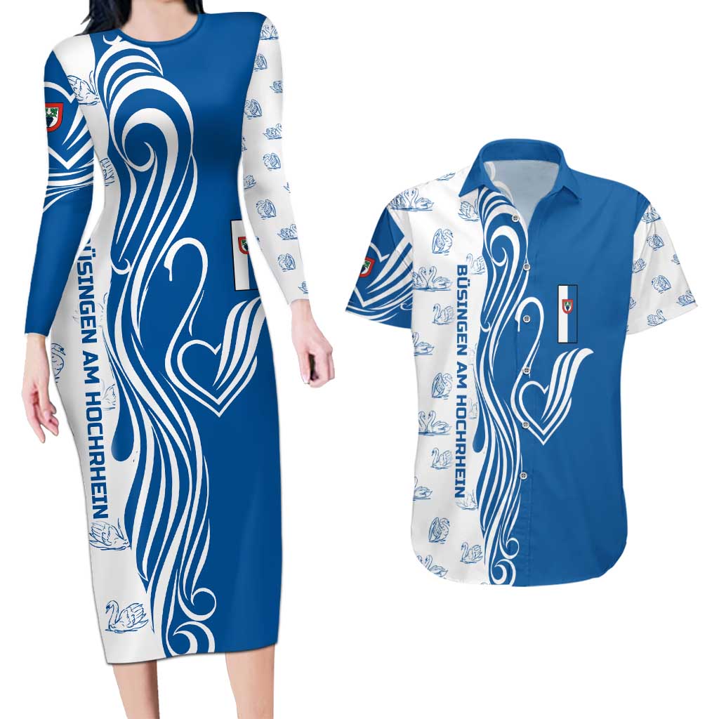 Busingen am Hochrhein Germany Couples Matching Long Sleeve Bodycon Dress and Hawaiian Shirt with Swan Pattern and Blue White Heart Design - Wonder Print Shop