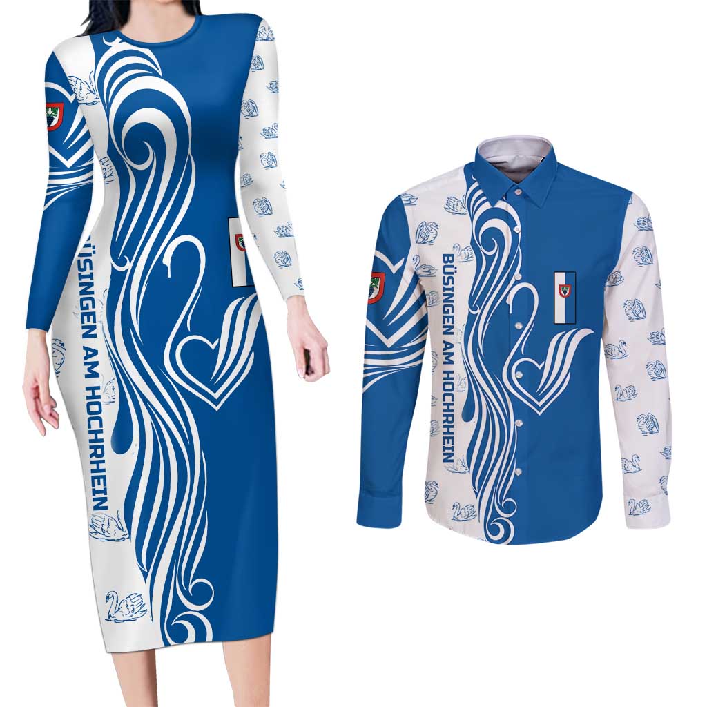 Busingen am Hochrhein Germany Couples Matching Long Sleeve Bodycon Dress and Long Sleeve Button Shirt with Swan Pattern and Blue White Heart Design - Wonder Print Shop