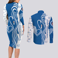Busingen am Hochrhein Germany Couples Matching Long Sleeve Bodycon Dress and Long Sleeve Button Shirt with Swan Pattern and Blue White Heart Design - Wonder Print Shop