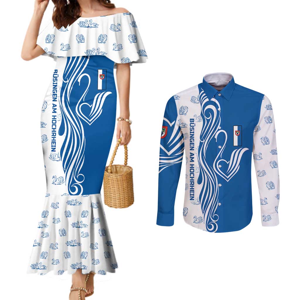 Busingen am Hochrhein Germany Couples Matching Mermaid Dress and Long Sleeve Button Shirt with Swan Pattern and Blue White Heart Design - Wonder Print Shop