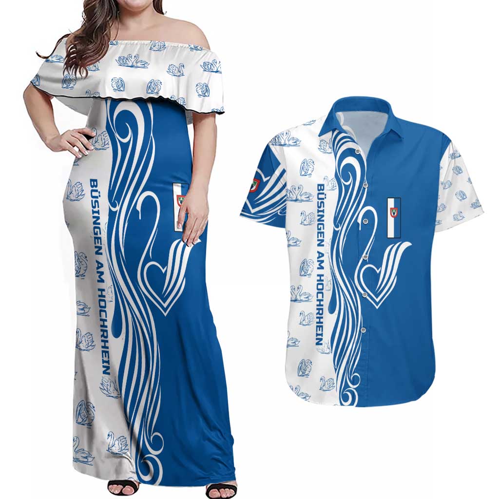 Busingen am Hochrhein Germany Couples Matching Off Shoulder Maxi Dress and Hawaiian Shirt with Swan Pattern and Blue White Heart Design - Wonder Print Shop