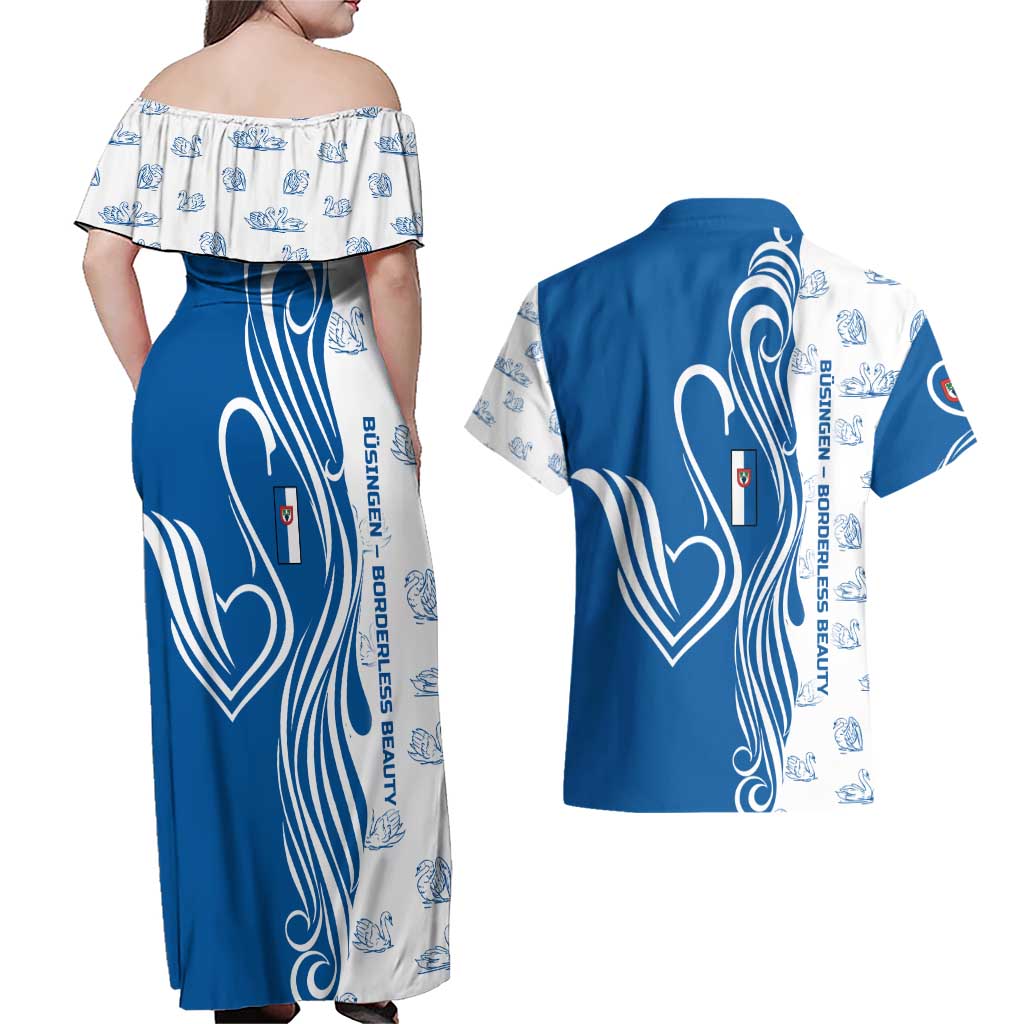 Busingen am Hochrhein Germany Couples Matching Off Shoulder Maxi Dress and Hawaiian Shirt with Swan Pattern and Blue White Heart Design - Wonder Print Shop
