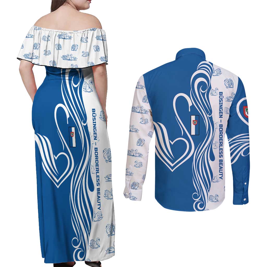 Busingen am Hochrhein Germany Couples Matching Off Shoulder Maxi Dress and Long Sleeve Button Shirt with Swan Pattern and Blue White Heart Design - Wonder Print Shop