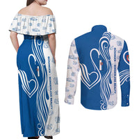 Busingen am Hochrhein Germany Couples Matching Off Shoulder Maxi Dress and Long Sleeve Button Shirt with Swan Pattern and Blue White Heart Design - Wonder Print Shop