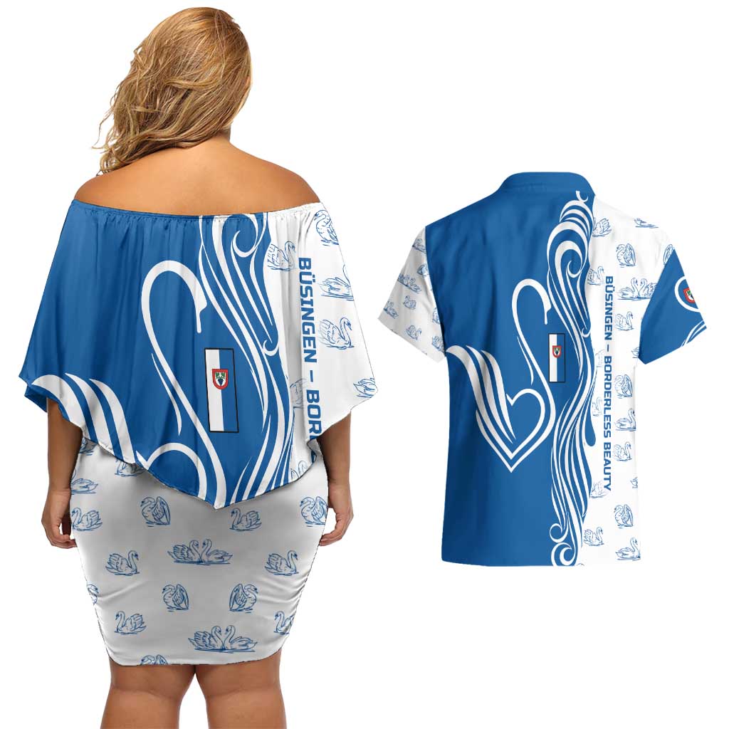 Busingen am Hochrhein Germany Couples Matching Off Shoulder Short Dress and Hawaiian Shirt with Swan Pattern and Blue White Heart Design - Wonder Print Shop