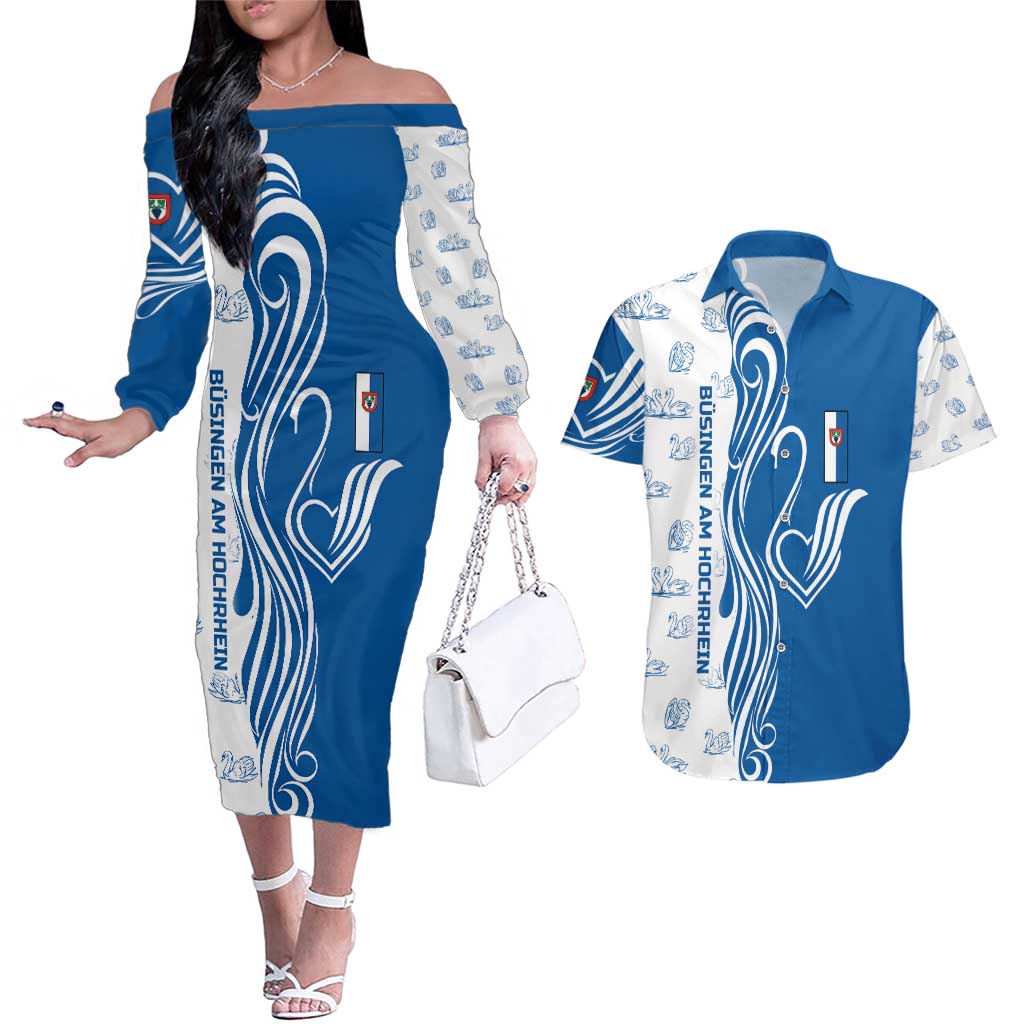 Busingen am Hochrhein Germany Couples Matching Off The Shoulder Long Sleeve Dress and Hawaiian Shirt with Swan Pattern and Blue White Heart Design - Wonder Print Shop