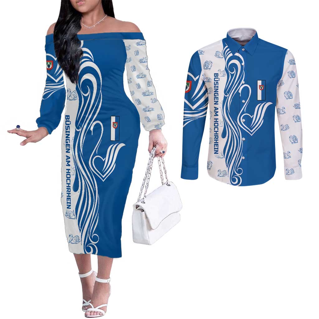 Busingen am Hochrhein Germany Couples Matching Off The Shoulder Long Sleeve Dress and Long Sleeve Button Shirt with Swan Pattern and Blue White Heart Design - Wonder Print Shop