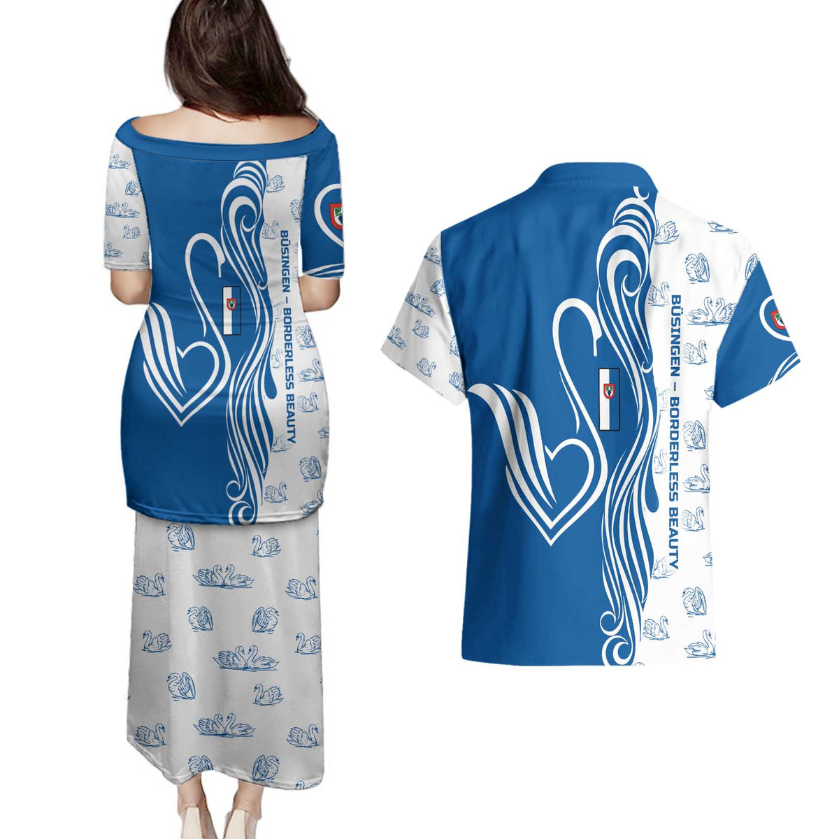 Busingen am Hochrhein Germany Couples Matching Puletasi and Hawaiian Shirt with Swan Pattern and Blue White Heart Design - Wonder Print Shop