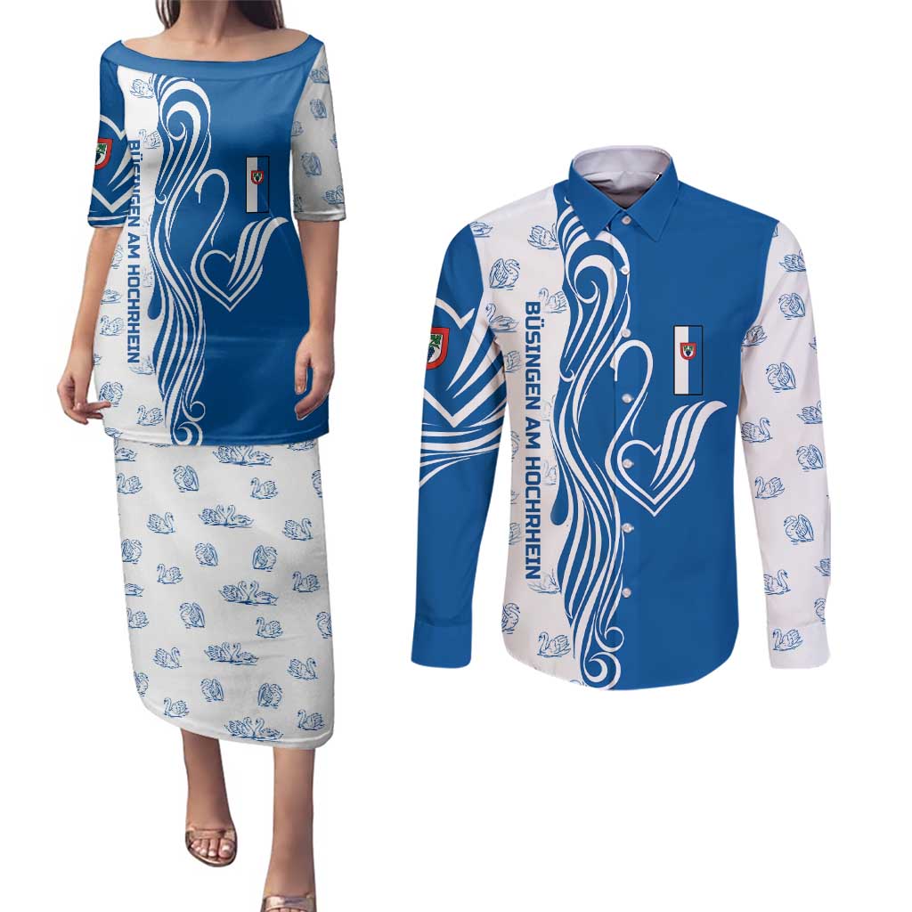 Busingen am Hochrhein Germany Couples Matching Puletasi and Long Sleeve Button Shirt with Swan Pattern and Blue White Heart Design - Wonder Print Shop