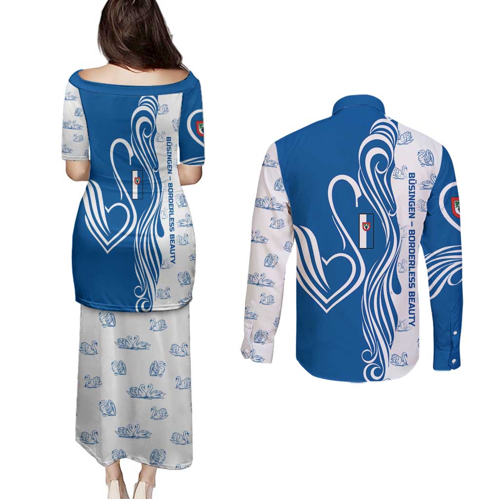 Busingen am Hochrhein Germany Couples Matching Puletasi and Long Sleeve Button Shirt with Swan Pattern and Blue White Heart Design - Wonder Print Shop