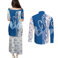 Busingen am Hochrhein Germany Couples Matching Puletasi and Long Sleeve Button Shirt with Swan Pattern and Blue White Heart Design - Wonder Print Shop