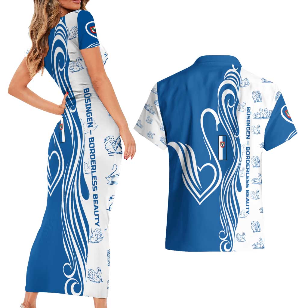 Busingen am Hochrhein Germany Couples Matching Short Sleeve Bodycon Dress and Hawaiian Shirt with Swan Pattern and Blue White Heart Design - Wonder Print Shop