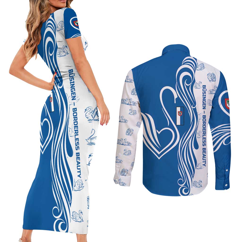 Busingen am Hochrhein Germany Couples Matching Short Sleeve Bodycon Dress and Long Sleeve Button Shirt with Swan Pattern and Blue White Heart Design - Wonder Print Shop