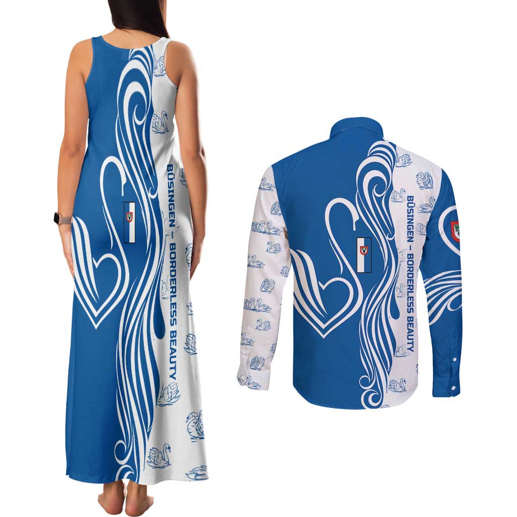 Busingen am Hochrhein Germany Couples Matching Tank Maxi Dress and Long Sleeve Button Shirt with Swan Pattern and Blue White Heart Design - Wonder Print Shop