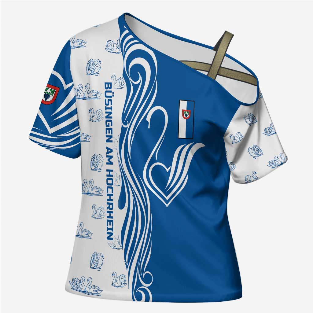 Busingen am Hochrhein Germany Cross Shoulder Shirt with Swan Pattern and Blue White Heart Design - Wonder Print Shop