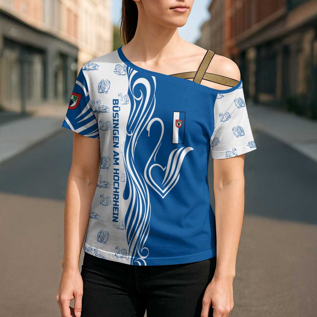 Busingen am Hochrhein Germany Cross Shoulder Shirt with Swan Pattern and Blue White Heart Design - Wonder Print Shop