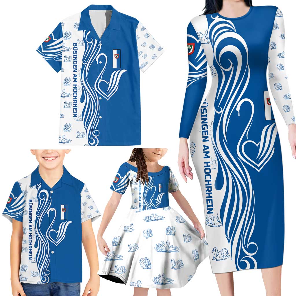 Busingen am Hochrhein Germany Family Matching Long Sleeve Bodycon Dress and Hawaiian Shirt with Swan Pattern and Blue White Heart Design - Wonder Print Shop