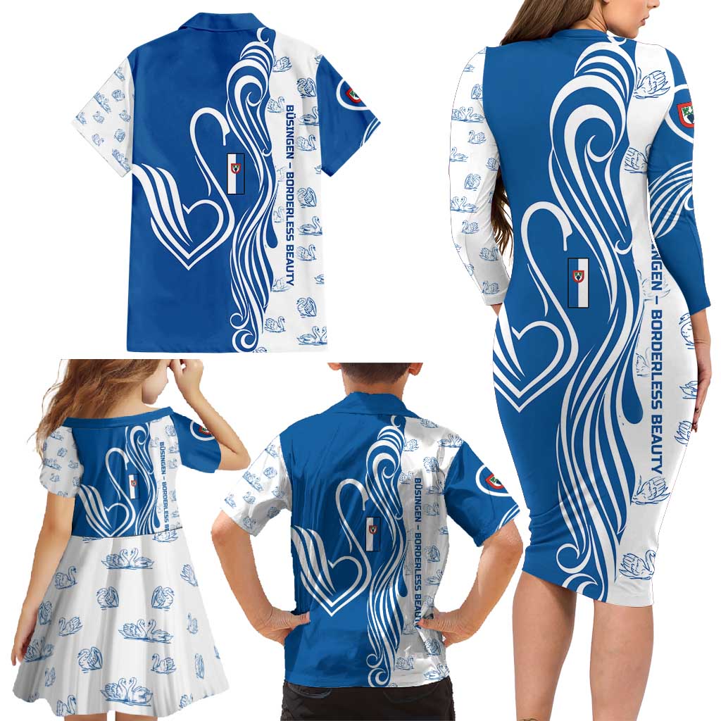 Busingen am Hochrhein Germany Family Matching Long Sleeve Bodycon Dress and Hawaiian Shirt with Swan Pattern and Blue White Heart Design - Wonder Print Shop
