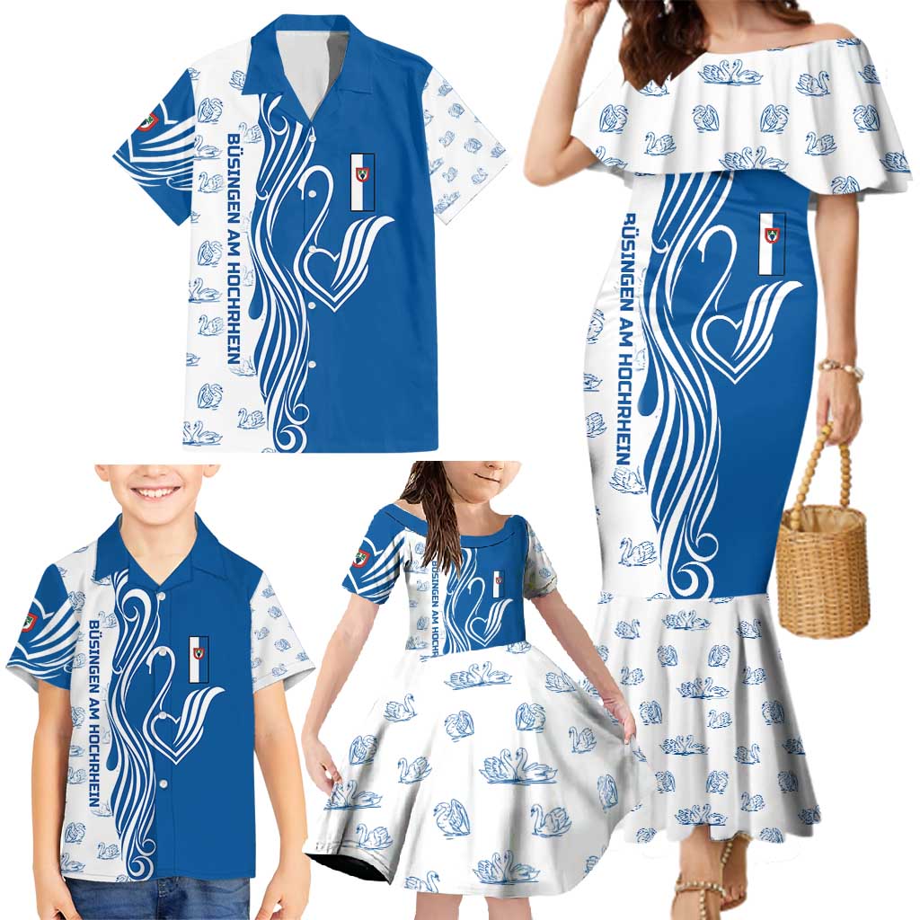 Busingen am Hochrhein Germany Family Matching Mermaid Dress and Hawaiian Shirt with Swan Pattern and Blue White Heart Design - Wonder Print Shop