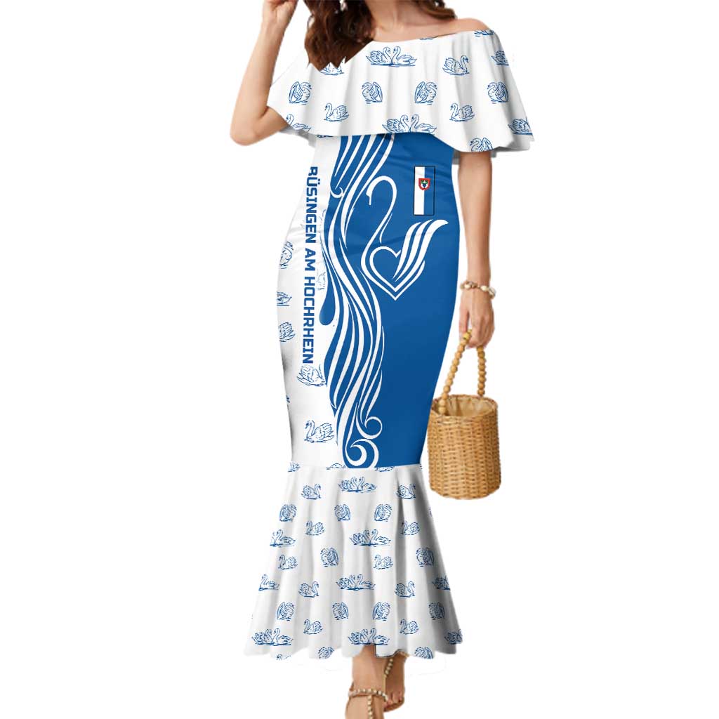 Busingen am Hochrhein Germany Family Matching Mermaid Dress and Hawaiian Shirt with Swan Pattern and Blue White Heart Design - Wonder Print Shop