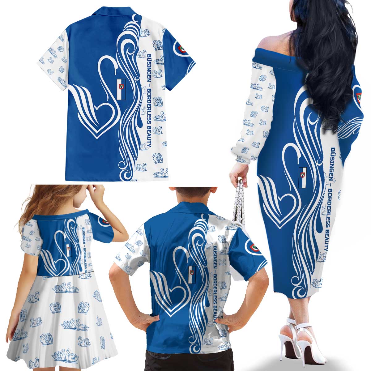 Busingen am Hochrhein Germany Family Matching Off The Shoulder Long Sleeve Dress and Hawaiian Shirt with Swan Pattern and Blue White Heart Design - Wonder Print Shop
