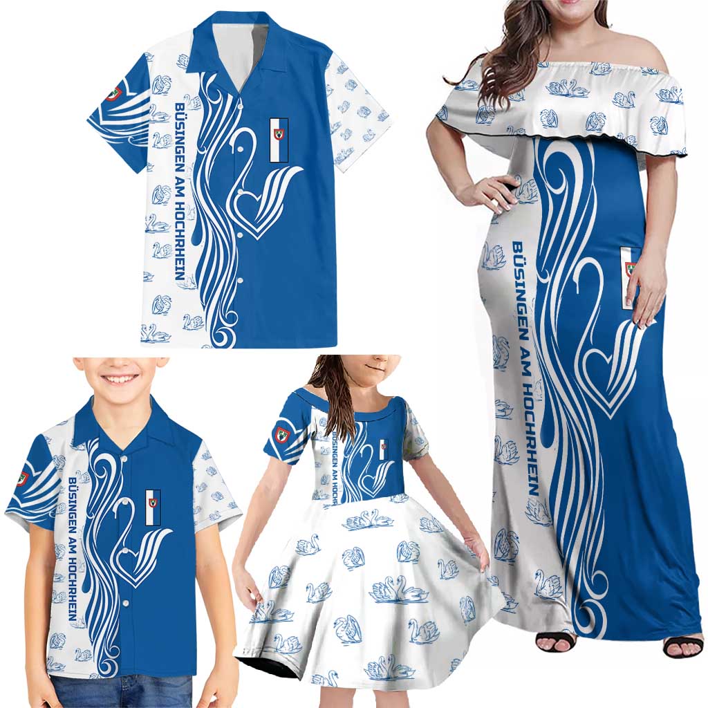 Busingen am Hochrhein Germany Family Matching Off Shoulder Maxi Dress and Hawaiian Shirt with Swan Pattern and Blue White Heart Design - Wonder Print Shop