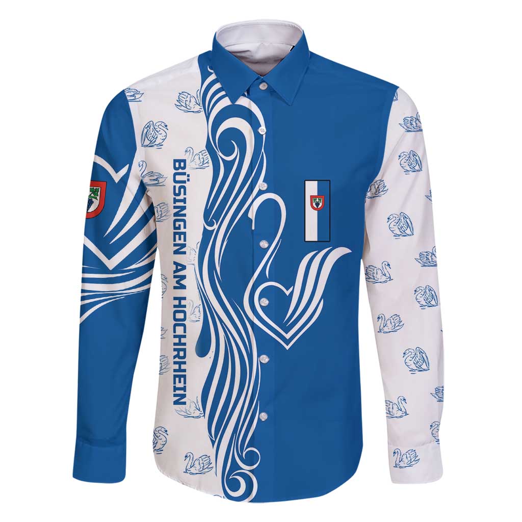 Busingen am Hochrhein Germany Family Matching Off Shoulder Maxi Dress and Hawaiian Shirt with Swan Pattern and Blue White Heart Design - Wonder Print Shop