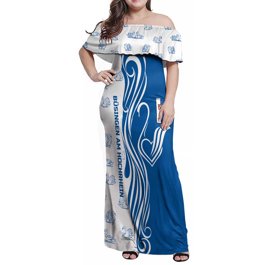 Busingen am Hochrhein Germany Family Matching Off Shoulder Maxi Dress and Hawaiian Shirt with Swan Pattern and Blue White Heart Design - Wonder Print Shop