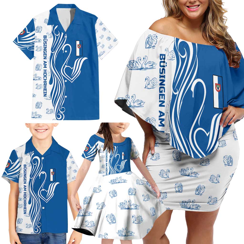 Busingen am Hochrhein Germany Family Matching Off Shoulder Short Dress and Hawaiian Shirt with Swan Pattern and Blue White Heart Design - Wonder Print Shop