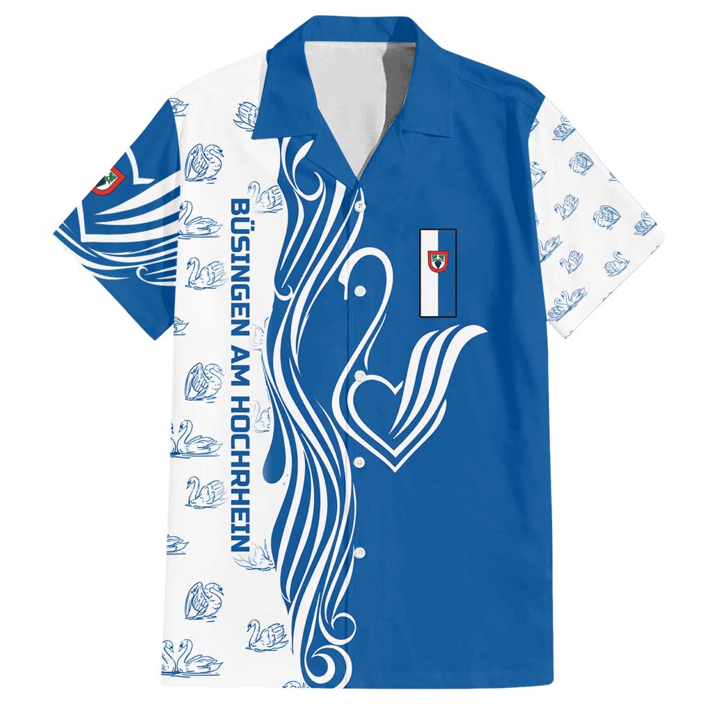 Busingen am Hochrhein Germany Family Matching Off Shoulder Short Dress and Hawaiian Shirt with Swan Pattern and Blue White Heart Design - Wonder Print Shop