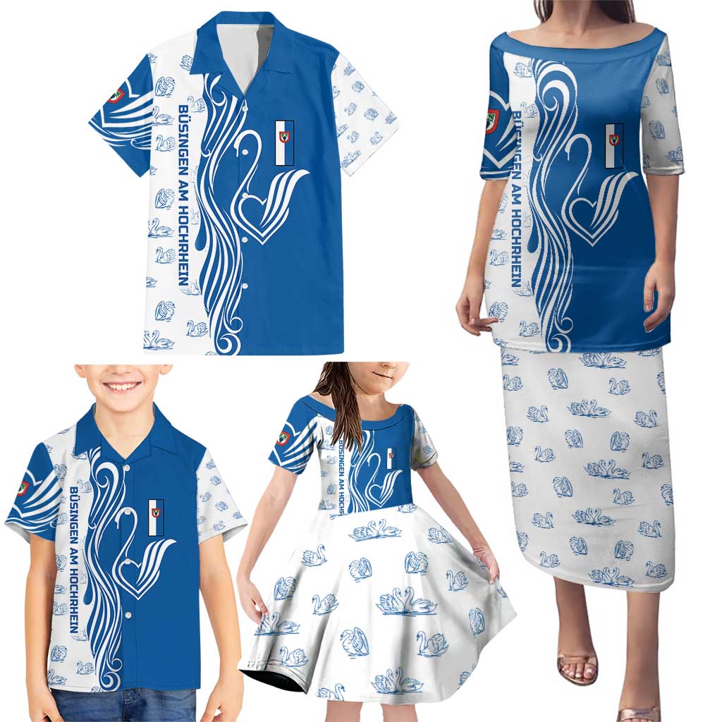 Busingen am Hochrhein Germany Family Matching Puletasi and Hawaiian Shirt with Swan Pattern and Blue White Heart Design - Wonder Print Shop