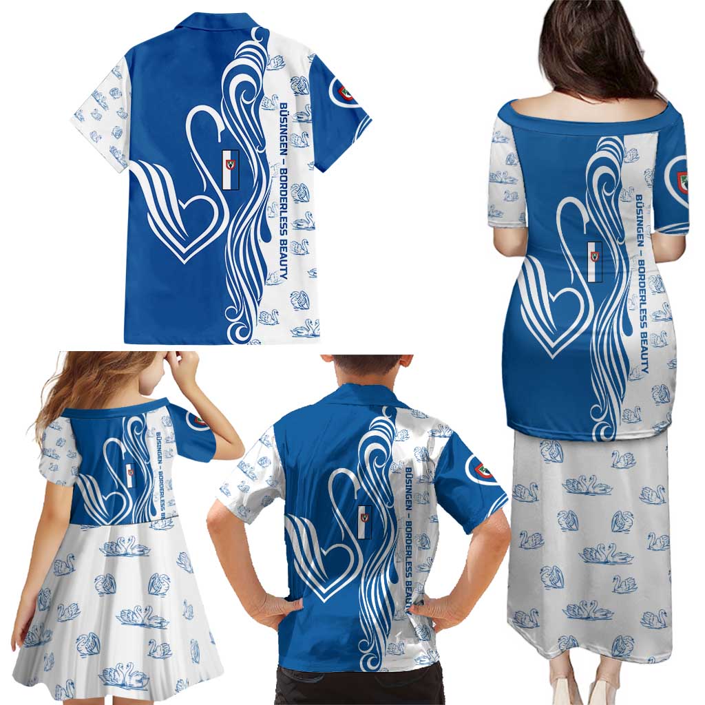 Busingen am Hochrhein Germany Family Matching Puletasi and Hawaiian Shirt with Swan Pattern and Blue White Heart Design - Wonder Print Shop
