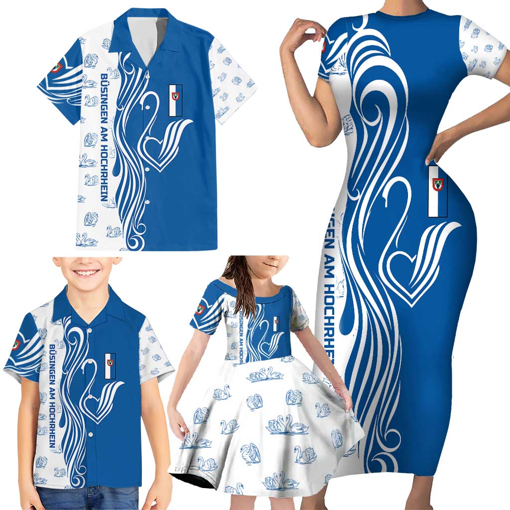 Busingen am Hochrhein Germany Family Matching Short Sleeve Bodycon Dress and Hawaiian Shirt with Swan Pattern and Blue White Heart Design - Wonder Print Shop