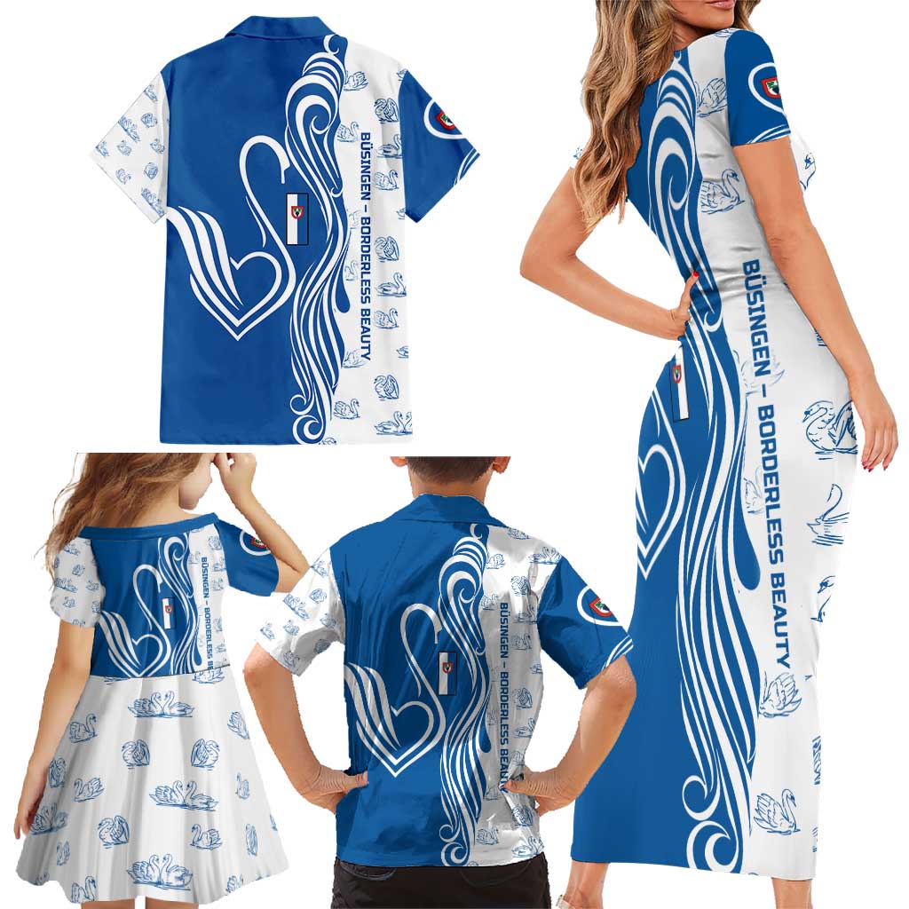 Busingen am Hochrhein Germany Family Matching Short Sleeve Bodycon Dress and Hawaiian Shirt with Swan Pattern and Blue White Heart Design - Wonder Print Shop