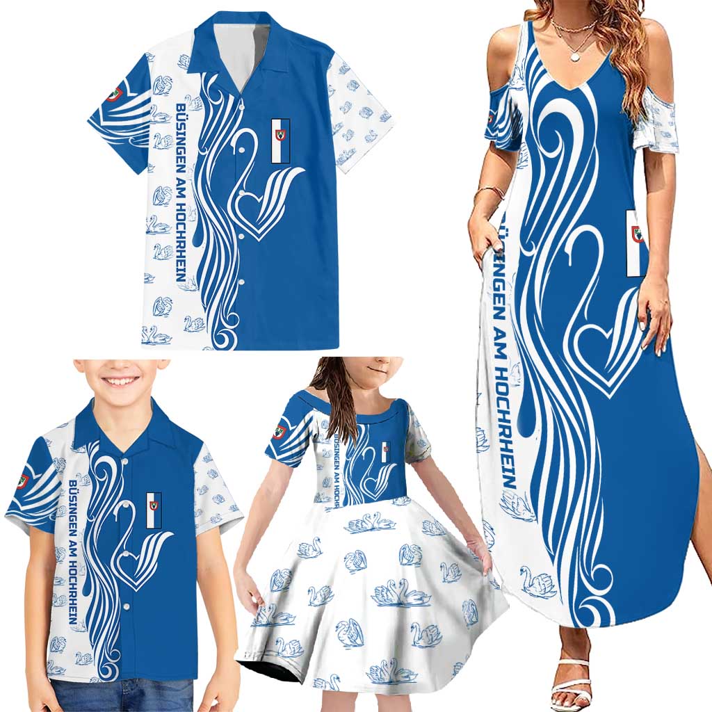 Busingen am Hochrhein Germany Family Matching Summer Maxi Dress and Hawaiian Shirt with Swan Pattern and Blue White Heart Design - Wonder Print Shop