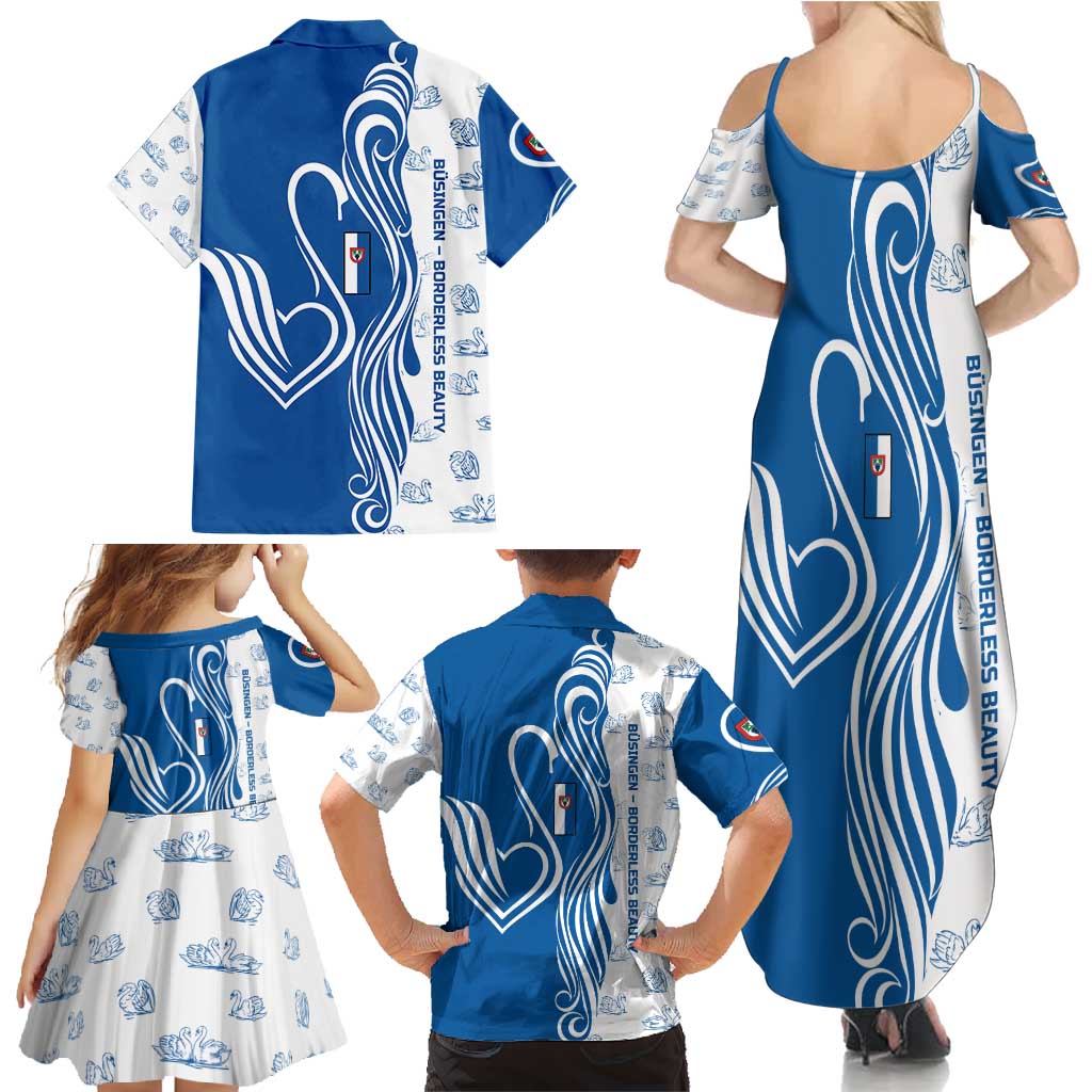 Busingen am Hochrhein Germany Family Matching Summer Maxi Dress and Hawaiian Shirt with Swan Pattern and Blue White Heart Design - Wonder Print Shop