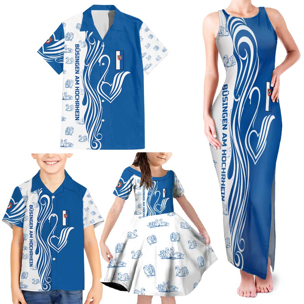 Busingen am Hochrhein Germany Family Matching Tank Maxi Dress and Hawaiian Shirt with Swan Pattern and Blue White Heart Design - Wonder Print Shop