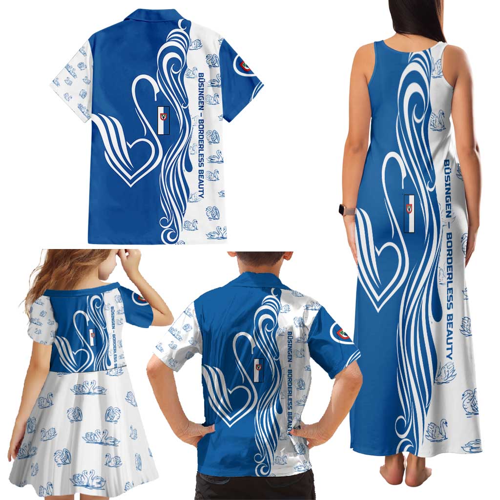 Busingen am Hochrhein Germany Family Matching Tank Maxi Dress and Hawaiian Shirt with Swan Pattern and Blue White Heart Design - Wonder Print Shop