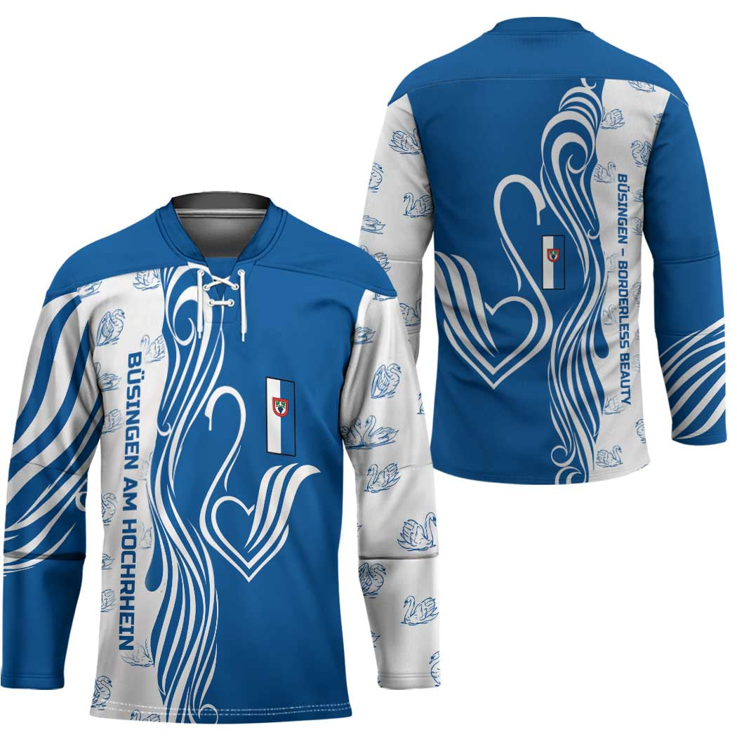 Busingen am Hochrhein Germany Hockey Jersey with Swan Pattern and Blue White Heart Design - Wonder Print Shop