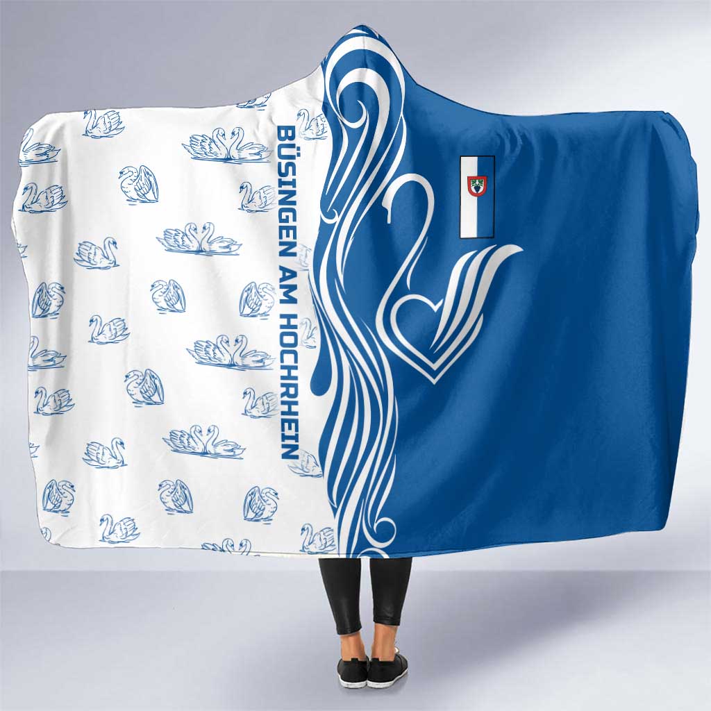 Busingen am Hochrhein Germany Hooded Blanket with Swan Pattern and Blue White Heart Design - Wonder Print Shop