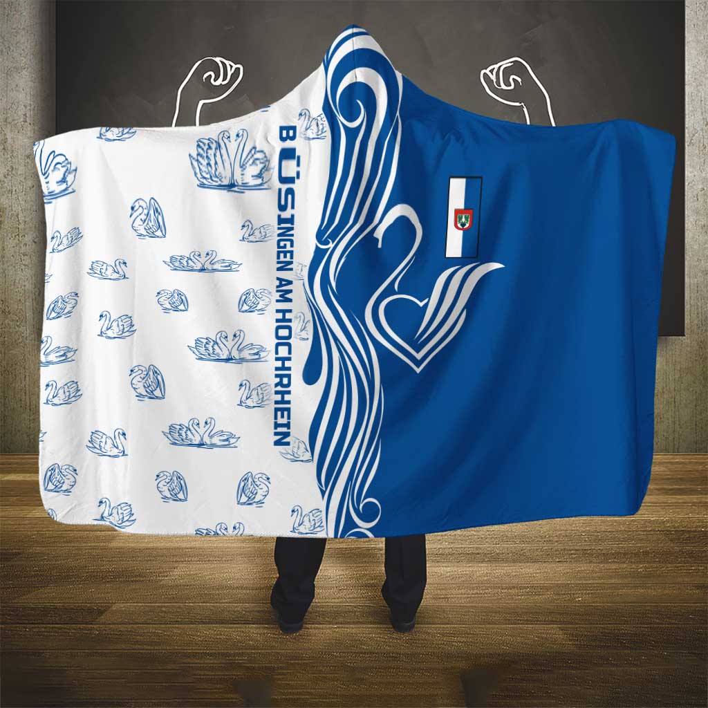 Busingen am Hochrhein Germany Hooded Blanket with Swan Pattern and Blue White Heart Design - Wonder Print Shop